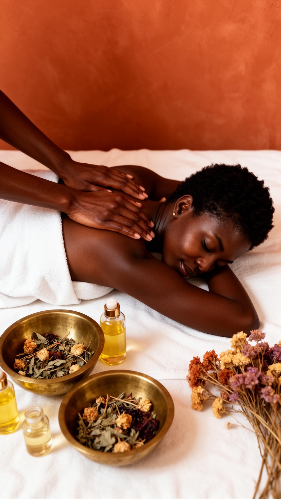 Serene spa treatment with warm earth tones